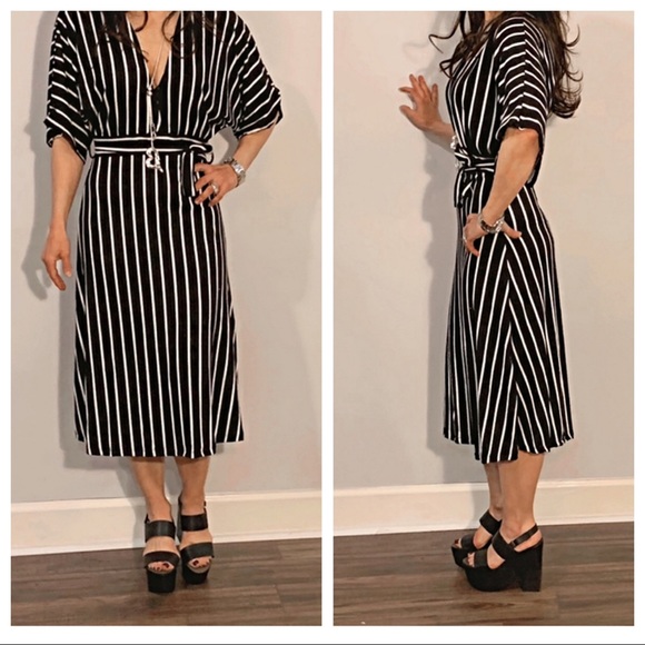 Black and white stripe plunging V neck midi dress - Picture 7 of 8